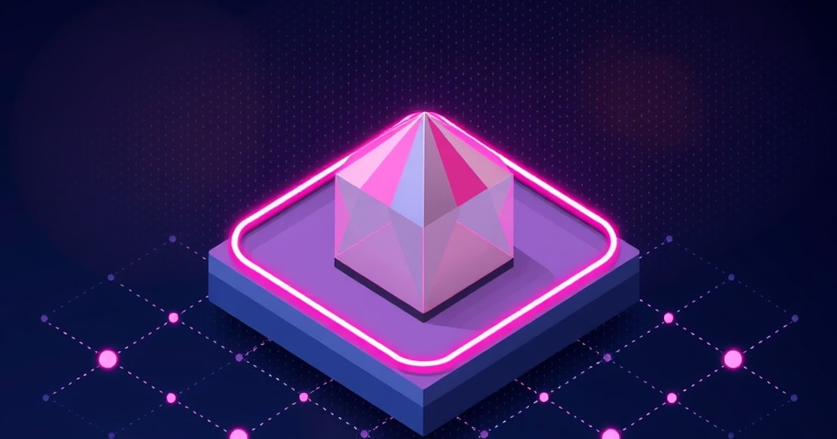 Isometric illustration of a faceted crystal inside a glowing pink ring on a raised plinth over a dotted grid