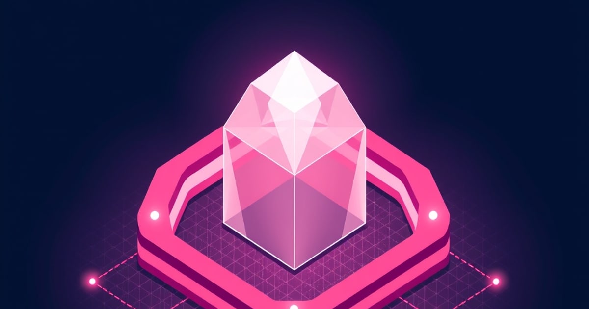 Flat isometric illustration of a tall pale pink crystal spire rising through a thick pink hexagonal ring on a glowing platform.