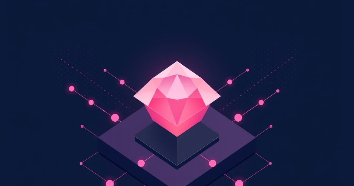 A glowing pink faceted gem sits on a dark platform above a chip-like base, connected by branching pink circuit lines with nodes on a navy background.