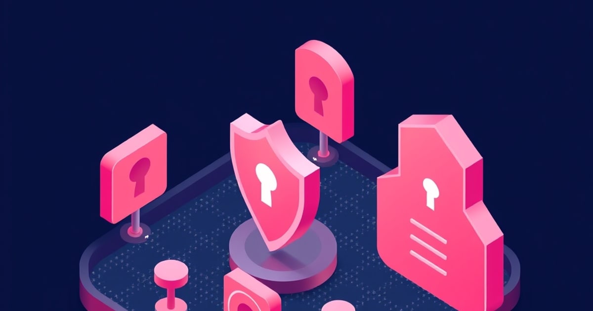 Isometric illustration of a keyhole shield on a pedestal flanked by lock signs, representing runtime filters catching LLM jailbreak attempts