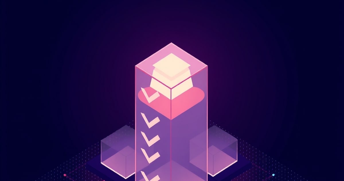 Flat isometric illustration of a tall translucent violet column holding a stack of cream plates, with a vertical row of pink check marks down its face.