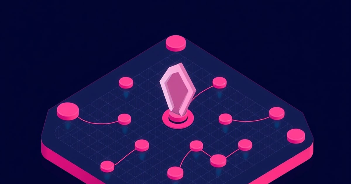 Isometric illustration of a faceted crystal standing on a glowing ring amid linked pink nodes, representing methods that flag injected prompts