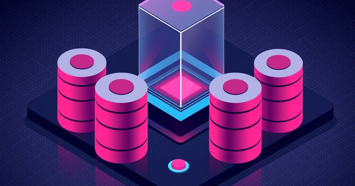 Isometric pink database cylinders flank a glowing glass cube on a dark platform, evoking guarded data stores feeding a secure retrieval pipeline.
